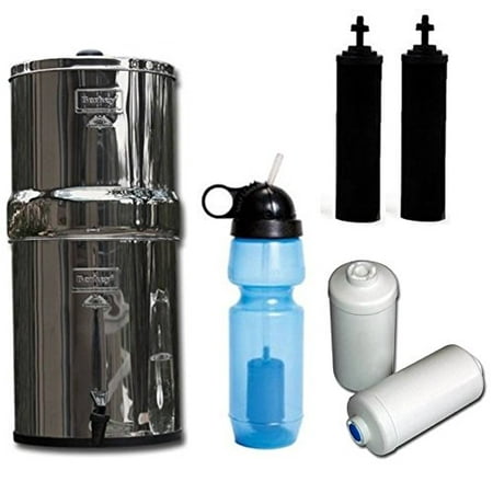 Travel Berkey Water Filter System, with Two Black Berkey Filters, Two Berkey Fluoride Filters AND One Berkey Sport Bottle (with filter)! Great for Travel or Camping
