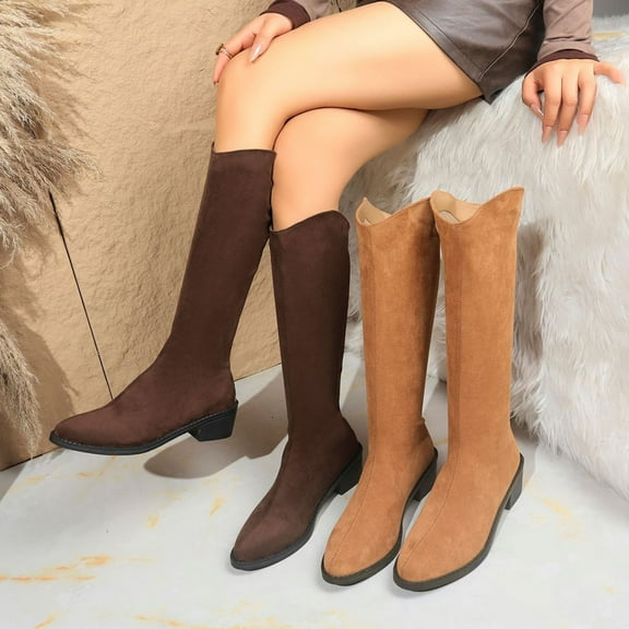 Lovzfmll Knee High Boots Women, Boots Pointed Toe Back Zipper Low Heel, Block Heel Chelsea Boots Casual Coffee Boots