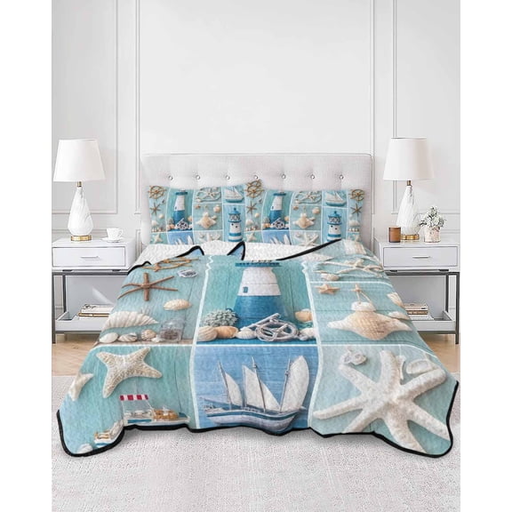 Quilts Twin Size, Nautical Lighthouse Soft Comforter Bedding Set for Bed, Ocean Starfish Anchor Sailboat Shell Lightweight Quilted Bedspread with Pillow Cover(2 Pieces) for All Season, 68x86 Inch