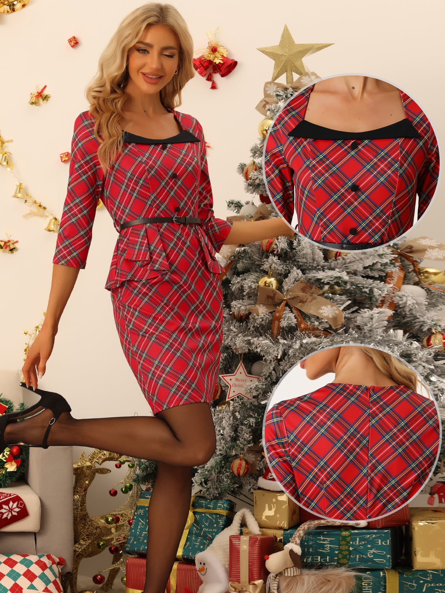 DARING DIVA Pencil Dress 3/4 Sleeve Peplum Belt Plaid Sheath Dress L Red