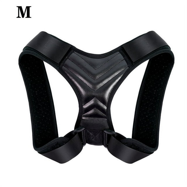 Back Posture Corrector true fit posture correction adjustable in black, size M, made with breathable sponge and webbing material. Designed for spinal health and posture improvement, this rib belt features adjustable straps for a comfortable fit for men and women. Ideal for daily use indoors and outdoors, excluding sleeping purposes.