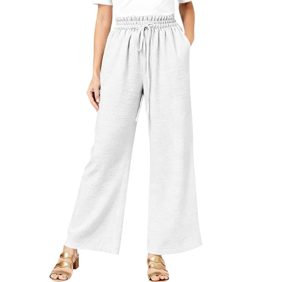 Resivox Womens Cotton Linen Straight Leg Pants Casual High Waist Nine Inch Trousers Pull On Comfortable Work Dress Pants with Pockets White XL