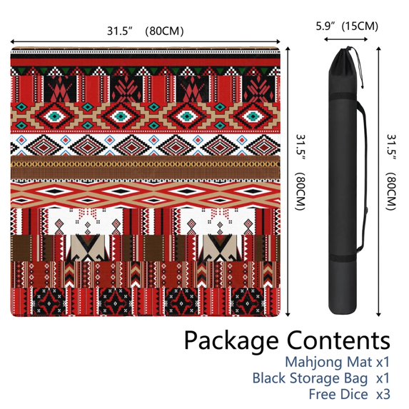 Stylish Bohemian Mahjong Mat 31.5 Inches Square, Anti-Slip Noise Reducing Rubber Game Pad, Multi-Functional Mat for Card Games Tile Games and Board Games