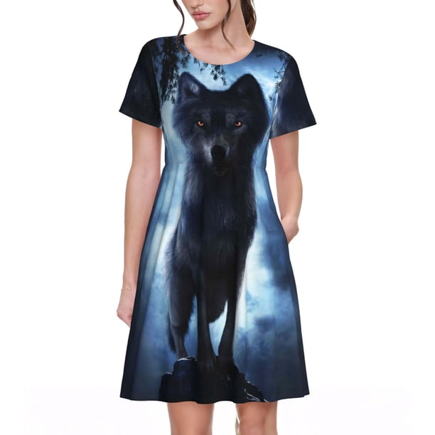 Easygdp Night Scene of Wolves para Vestido Transpirable de Mujer, Vestido Suelto de Manga Corta con Pliegues y Bolsillos para el Verano