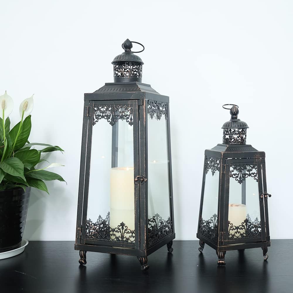 2Pack Extra Large Outdoor Lanterns, 25" Black Flameless Candle Holders Decorative for Patio, Metal Frame with Glass, Vintage Farmhouse Front Porch Decor, Garden, Pathway, Balcony, Yard Decor