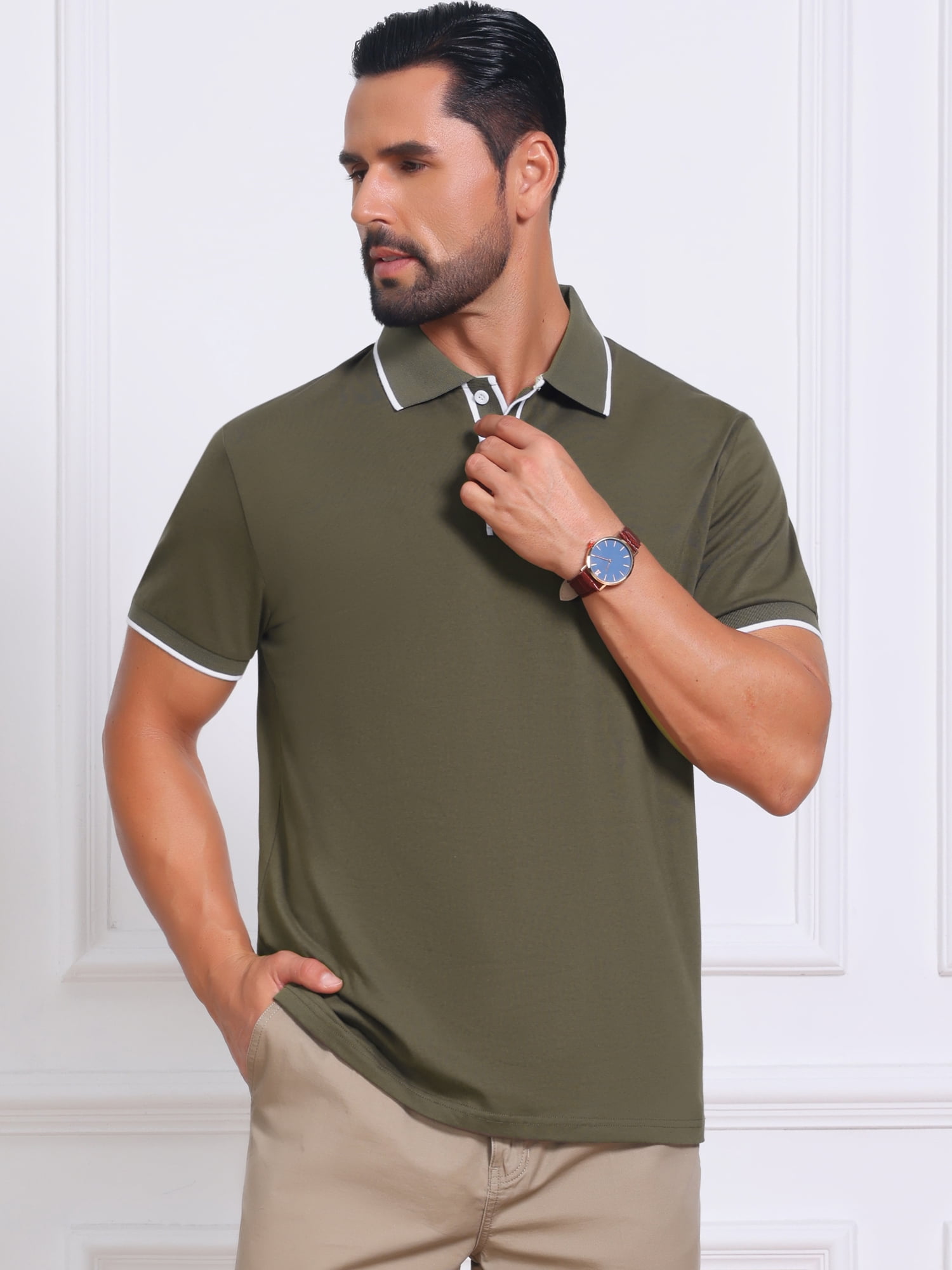 DARING DIVA Men's Contrast Trim Short Sleeve Button Closure Polo Shirts S Olive Green