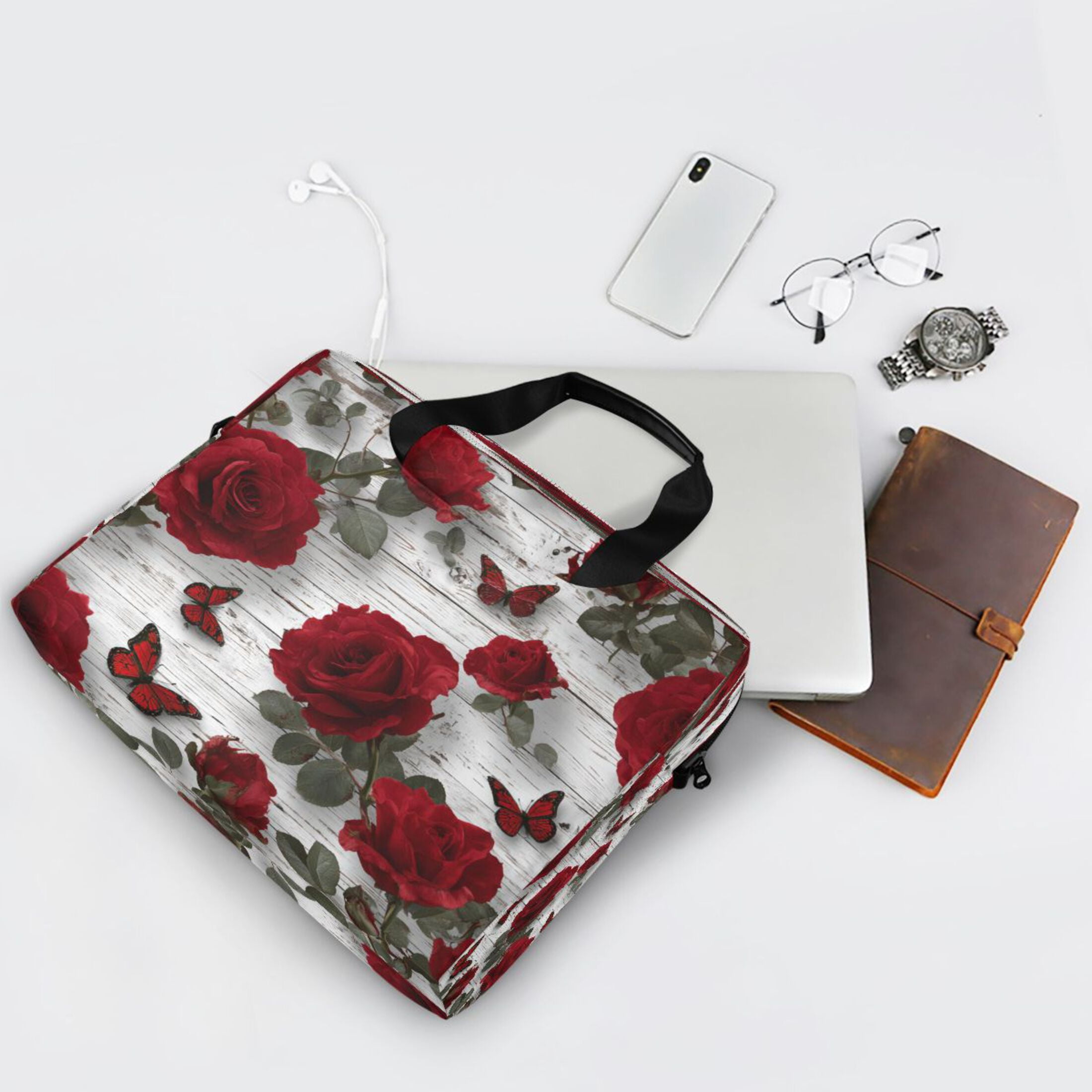 16" Laptop Tote Bag Laptop Sleeve Case Computer Briefcase for Work & Travel Roses and Butterflies Pattern