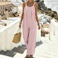 thumbnail image 5 of YYV Overalls for Women Cotton Linen Jumpsuit Casual Round Neck Striped Sleeveless Romper with Pockets for Summer Spring Pink S, 5 of 6