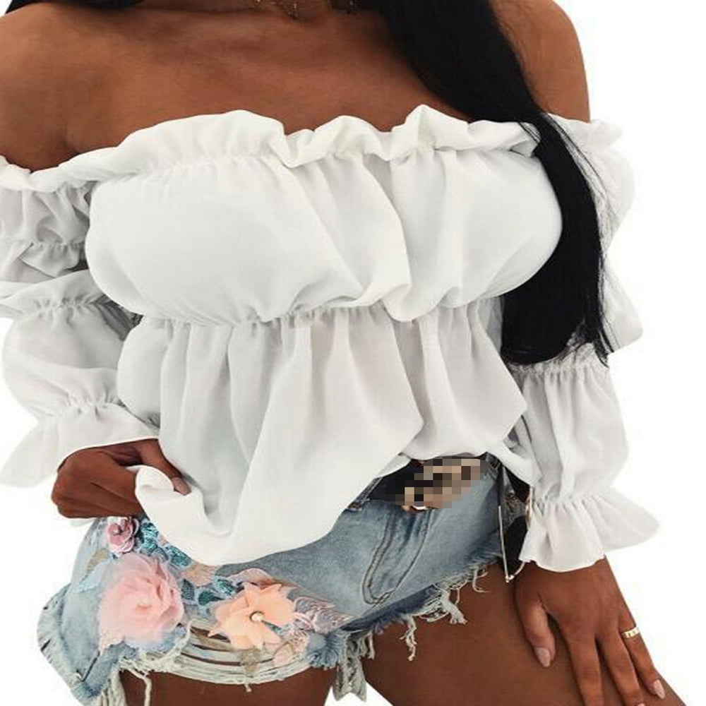 PENGXIANG Blouse Femme Épaules Dénudées Filles Volants Chemise