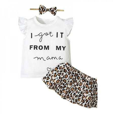 

3Pcs Summer Toddler Infant Girl Cotton Casual Outfits Set Letter T-shirt+Leopard Shorts+Headband Cute Baby Girls Clothesest