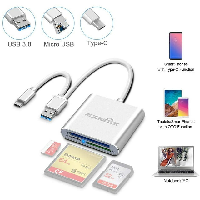 Rocketek 3-in-1 USB 3.0 / C/Micro Card Reader - SD, SDXC, UHS-I SD,...