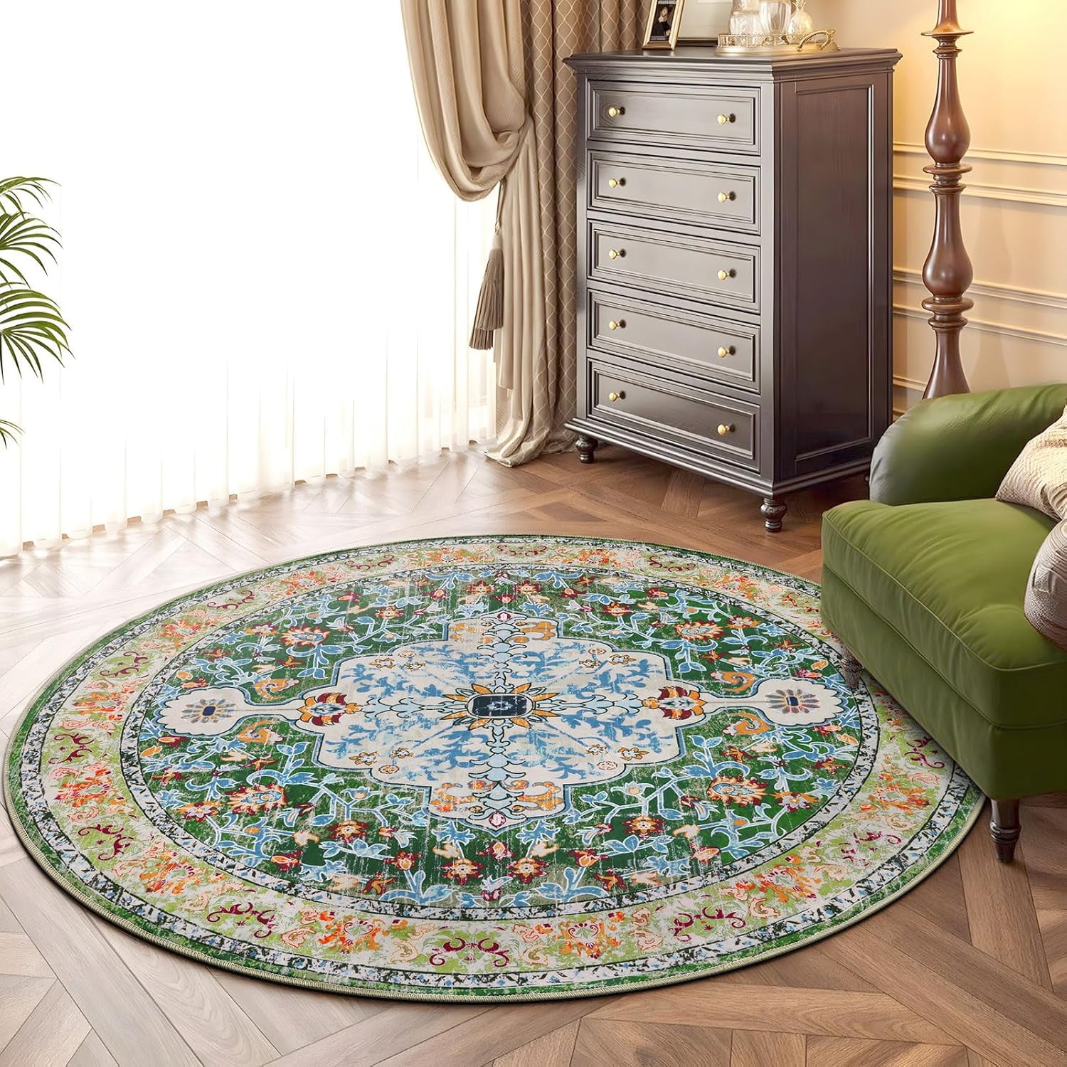 4 ft Round Area Rug, Yamaziot Boho Vintage Oriental Circle Carpet, Washable Non Slip Non Shedding Soft Faux Indoor Floor Mat Rug for Bedroom Living Room Sofa Office, Green
