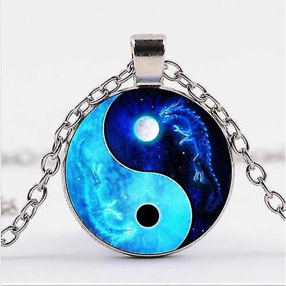 Silver Glass Necklace Pendant Dragon Moon Yin Yang Jewelry