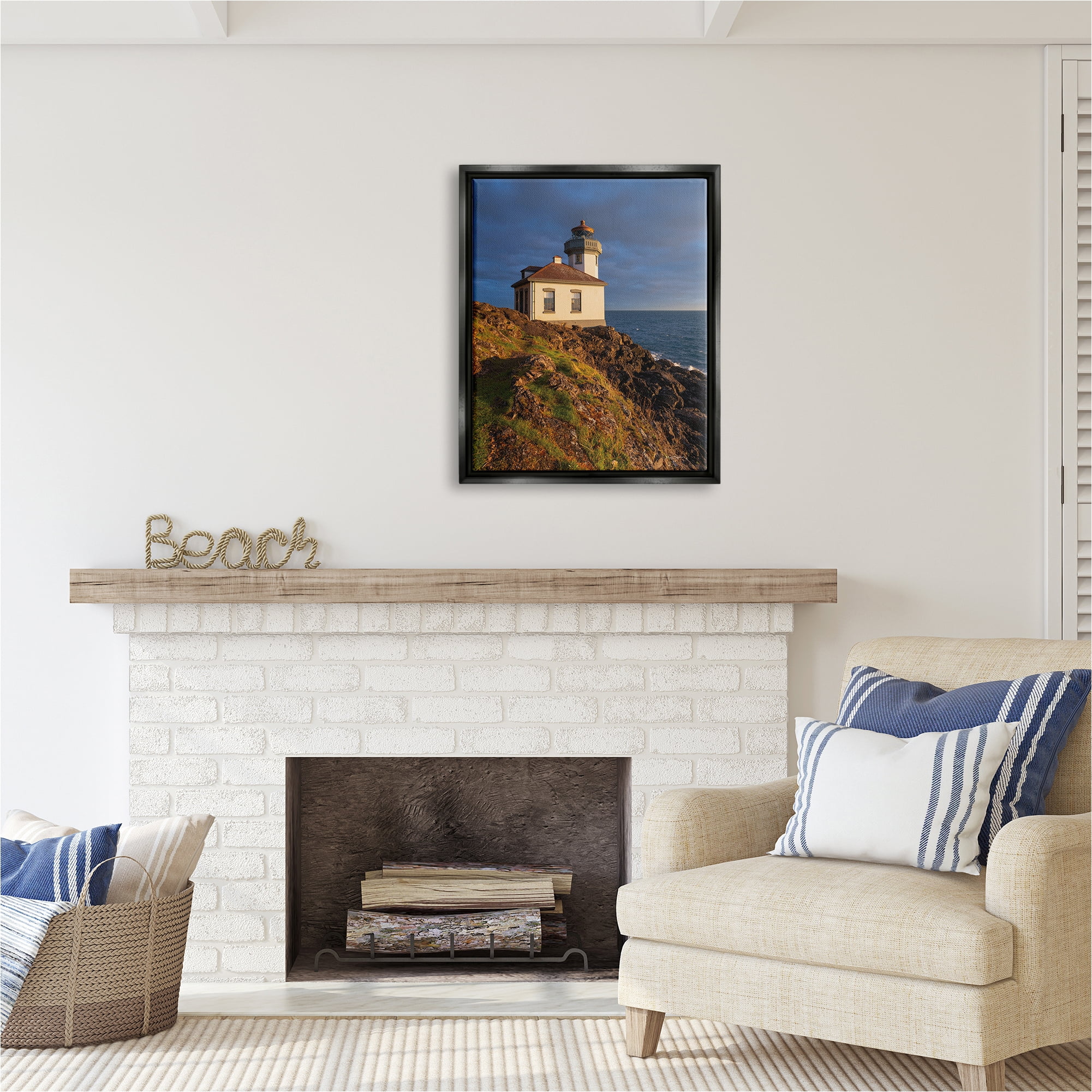 Stupell Industries Coastal Lighthouse Photography Landscape Photography Black Floater Framed Canvas Art Print Wall Art, 25 x 31
