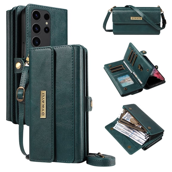 Wallet For Samsung Galaxy S22 Ultra Case with RFID Blocking [9 Card Holder] [3 Cash Slots] [1 Zipper Pocket] for Women Men,Magnetic Snap Closure PU Leather Flip Stand Crossbody Strap Case,Green