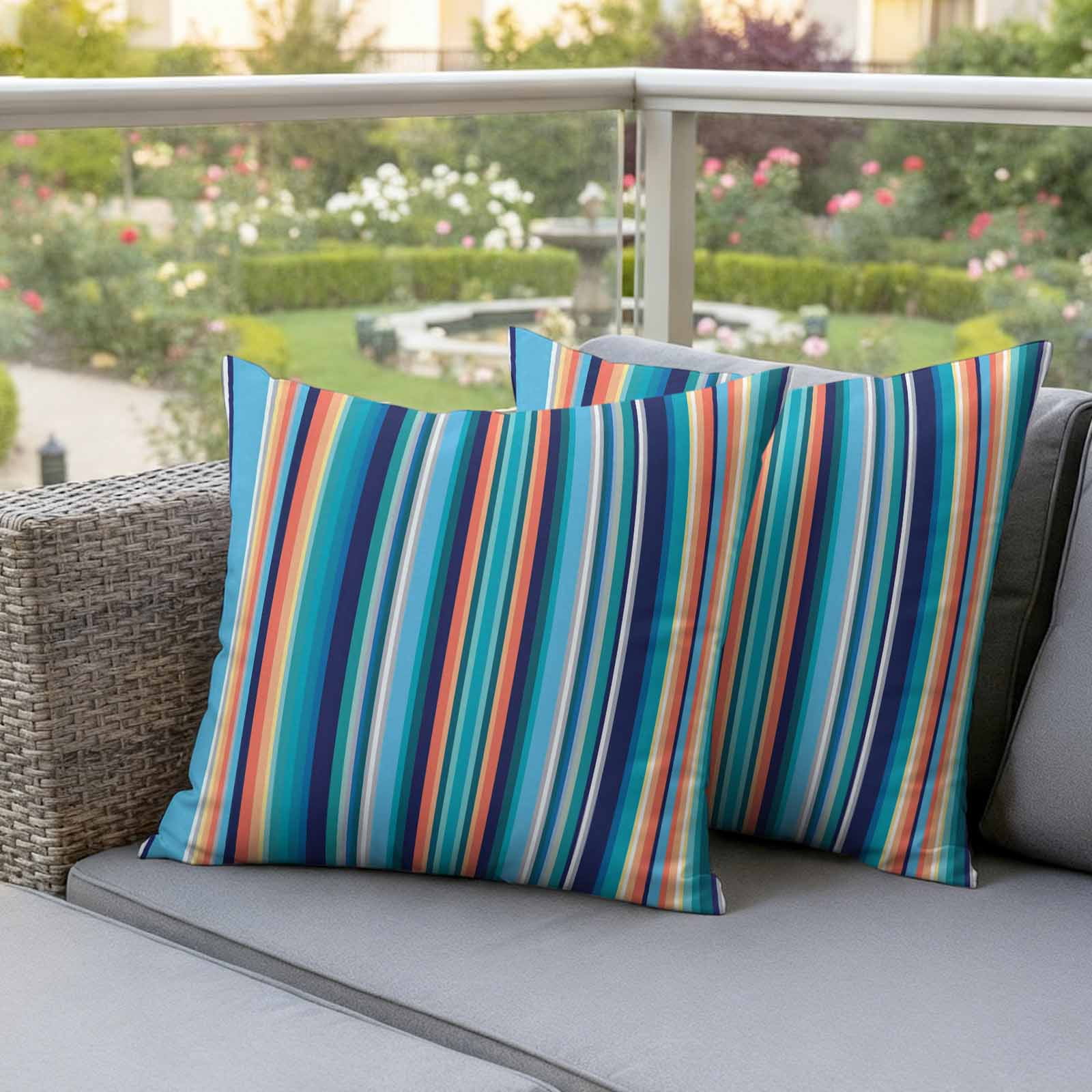 Mexican Style Outdoor Waterproof Throw Pillow Covers 18x18 Set of 2, Colorful Mexico Stripes Light Blue Decorative Pillowcases Cushion Pillowcase for Couch Sofa Patio Outside Pillow Protector