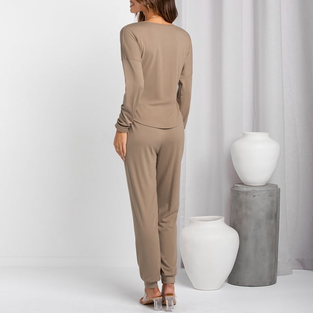 Conjunto de pantalones con cuello en V hombros caídos conjunto de 2 piezas con cintura elástica pantalones con puños ceñidos conjunto de moda para vacaciones para mujeres ANGGREK Otros