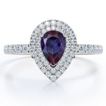 JeenMata Pave Design 1.5 Carat Pear Cut Lab Created Alexandrite and Moissanite Dual Halo Engagement Ring in 18K White Gold Plating over Silver
