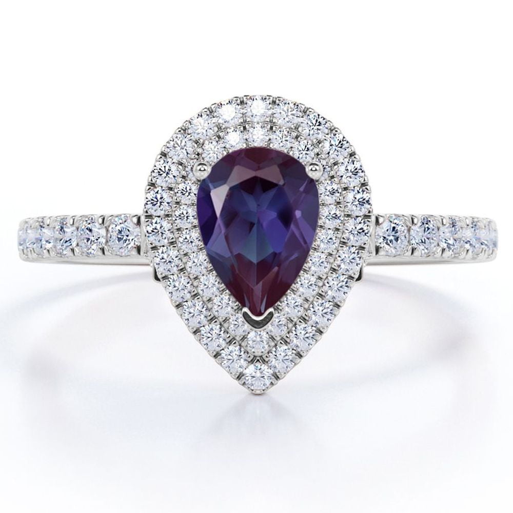 JeenMata Pave Design 1.5 Carat Pear Cut Lab Created Alexandrite and Moissanite Dual Halo Engagement Ring in 18K White Gold Plating over Silver
