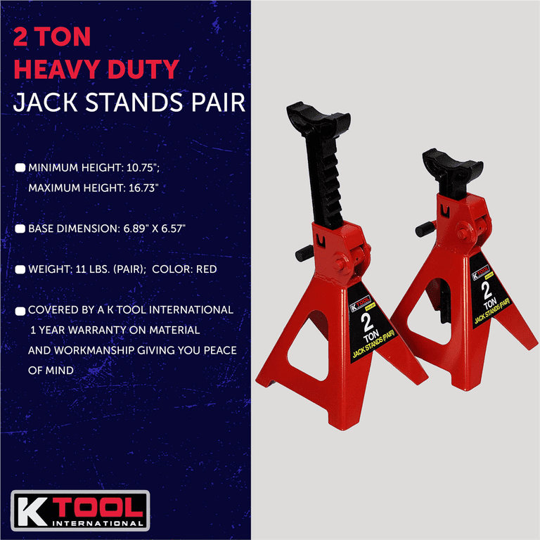 K Tool 61201 2 Ton Jack Stands, Heavy-Duty Steel, Adjustable