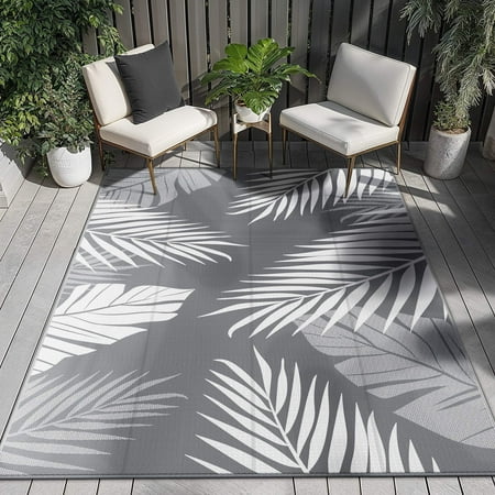 DEORAB 10 x14 Outdoor Rug Patio Clearance Waterproof Outside Mat Reversible Plastic Camping Grey&White