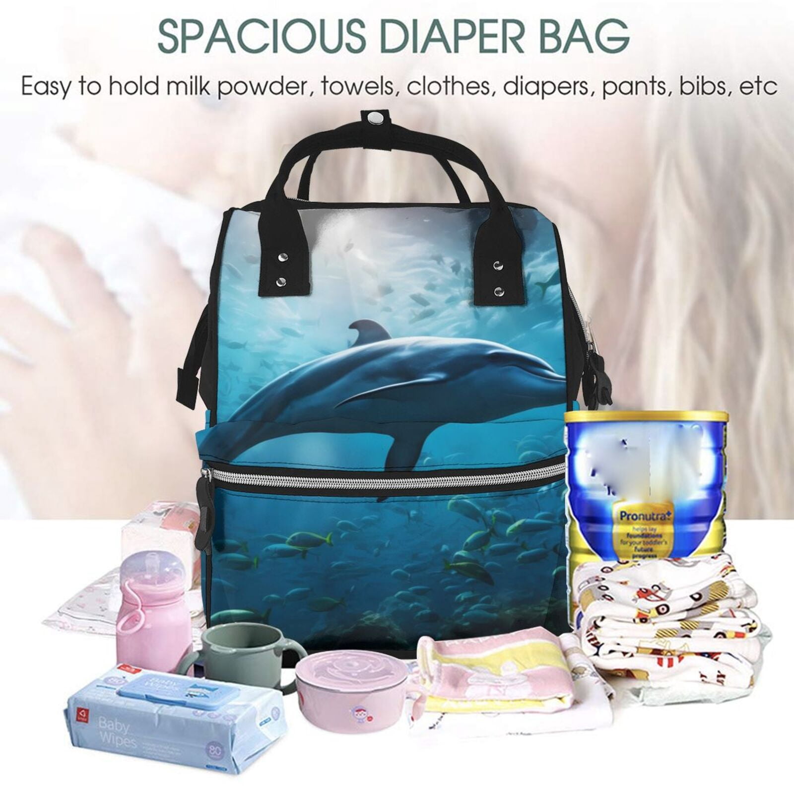 Kdxio Baby Diaper Backpack,Multi-Function Travel Backpack Nappy Bags,Nursing Bag, Fashion Mummy,Roomy Waterproof for Baby Care(Ocean Dolphin Fish School)