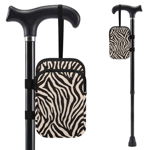 COEQINE Forearm Crutch Bag Walking Cane Accesories Beige Zebra Print Elbow Crutch Storage Organizer, 2 Zippered Pockets, Lightweight, Hands-Free, for Adults & Seniors