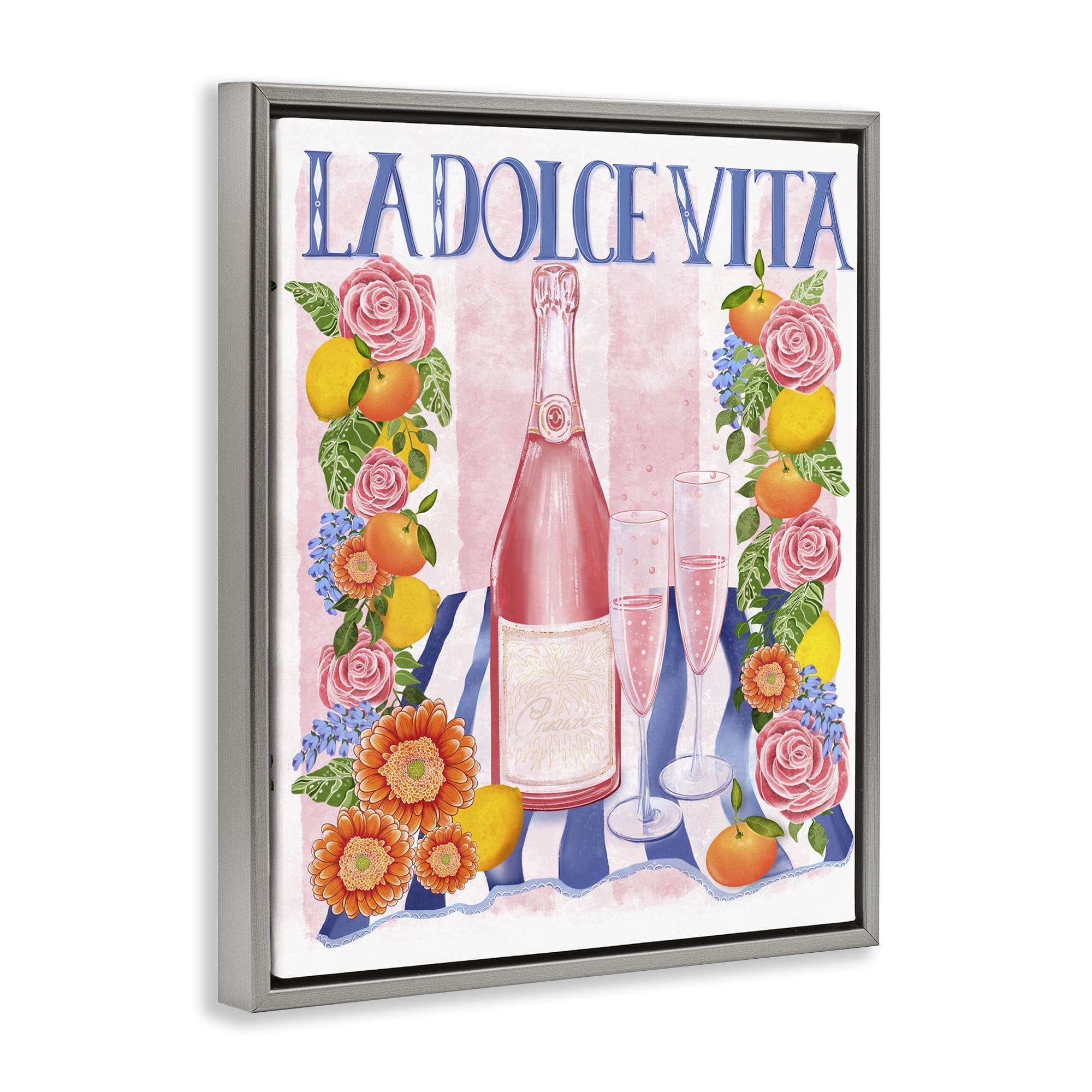 Stupell Industries Pink Champagne Picnic Gray Framed Floater Canvas Wall Art, design by Lori Mosley