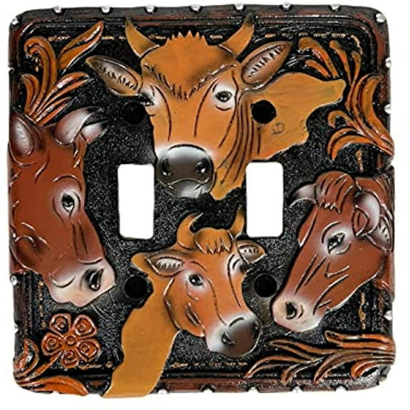 Urbalabs Western Cowboy Cute Cows Rustic Horse Decorative Light Switch Outlet Wall Plate Covers Rustic Light Switch Covers Single Double 2 Gang Switch Plates (Double Switch)