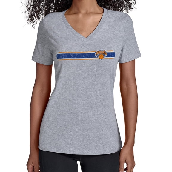 Women's Starter Gray New York Knicks Team Stripe V-Neck T-Shirt