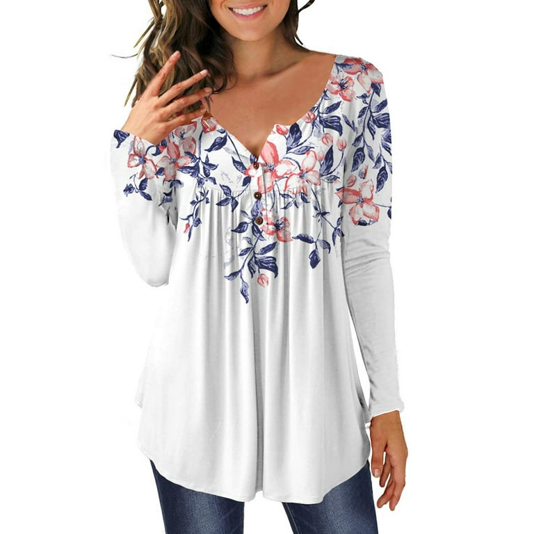 Women's Long Sleeve Tops, Plus Size Tops Shirts For Women Sz 2 Xl Blouse Fashion Round Neck Printed Buttons Asymmetric Top Under 10 Casual Tops White Knit (S,