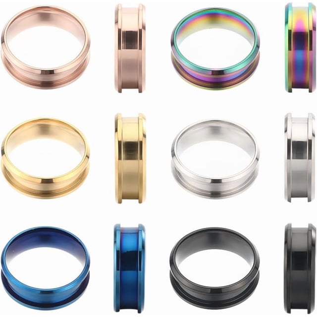 1 caja de 12 anillos de acero inoxidable con incrustaciones, tamaño 9, ranurados en azul, negro y dorado, con inscripción láser, lisos.