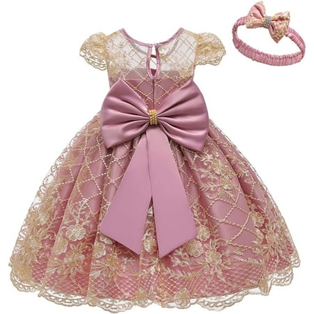 

QWZNDZGR Baby Girls Birthday Wedding Party Dresses w/Headwear Princess Embroidery Bowknot Dress Christening Baptism Tutu Gown