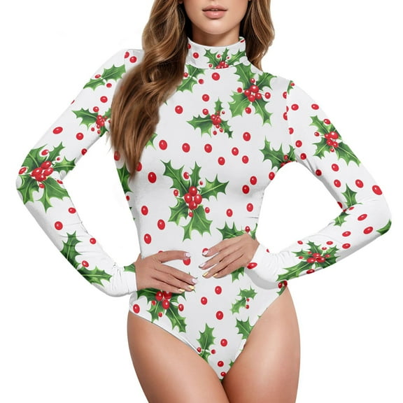 joogoo Christmas Fir Berry Women's Mock Turtle Neck Long Sleeve Bodysuit L
