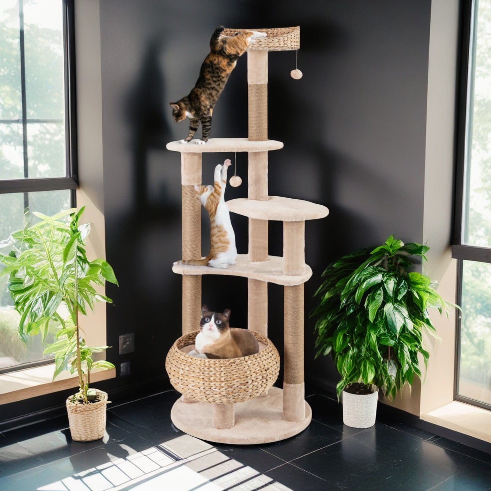 resenkos 63" Modern Cat Tree Tower for Indoor Cats w/Natural Sisal Scratching Posts, Hand-Woven Condo and Top Perch, Cat Tree House for Kittens Climb Play, Beige