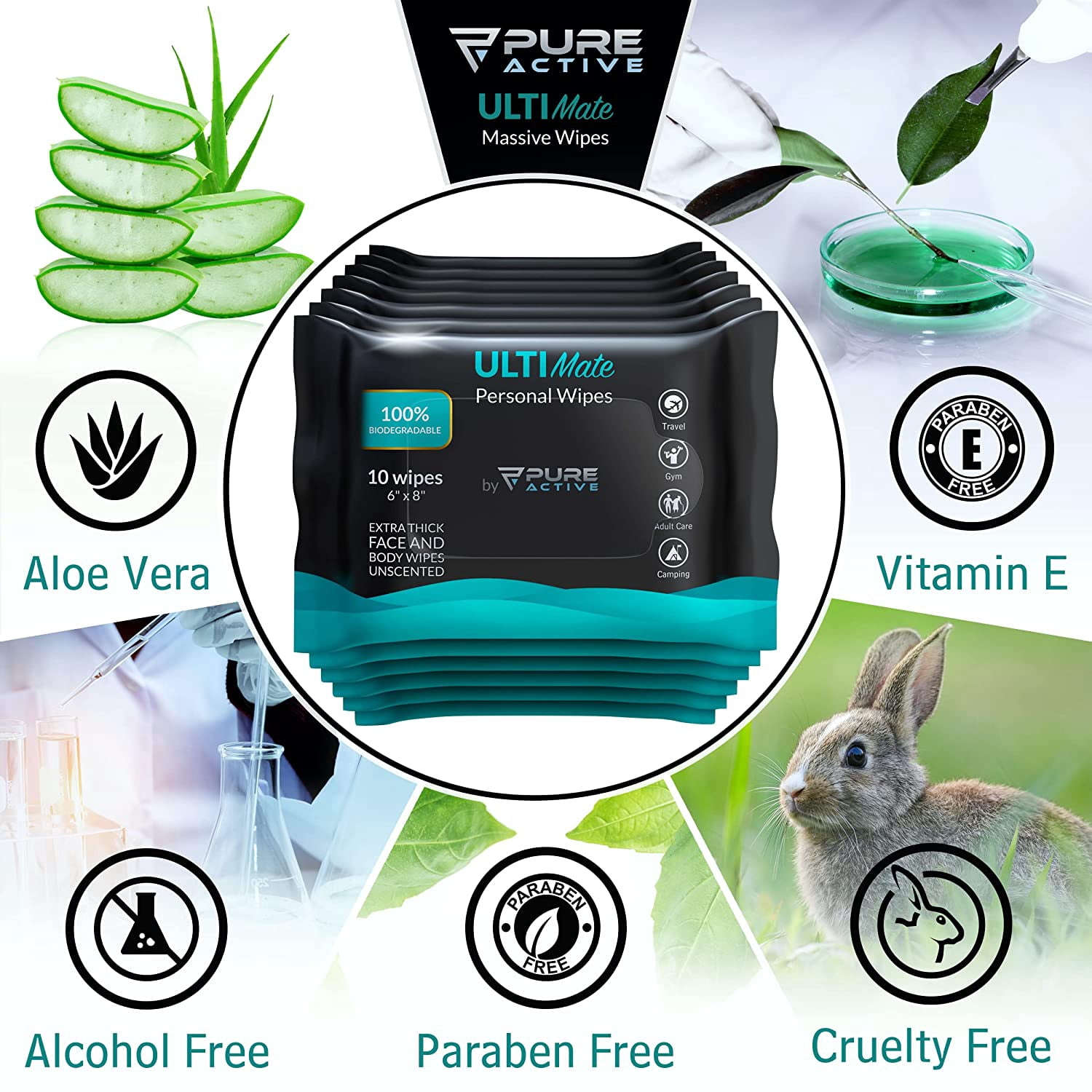 Pure Active Ultimate Shower Body and Face Wipes, Biodegradable Personal Hygiene Body Cleansing Wipes for Men for After Gym Travel Camping Adult Bathing Wipes (120 Wipes 6''x8'', Unscented)