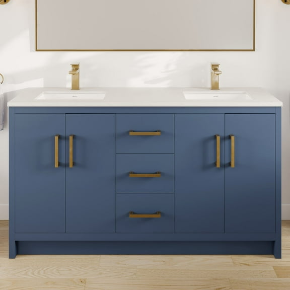 Eviva Curio 60"W x 18"D Dark Blue Double Sink Bathroom Vanity with White Carrara Quartz Countertop and Undermount Porcelain Sinks