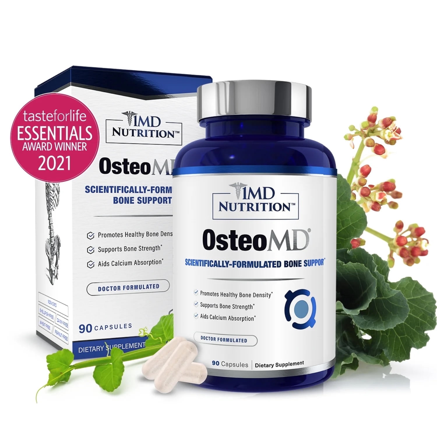 1MD Nutrition OsteoMD for Comprehensive Bone Support | with Calcium Hydroxyapatite, Vitamin D3 & K2 | 90 Capsules