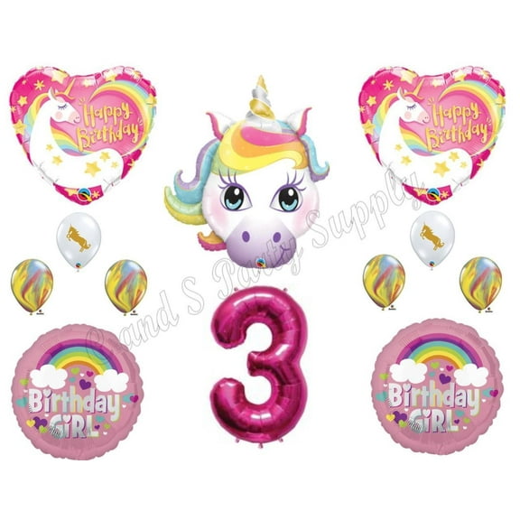 3rd RAINBOW UNICORN Happy Birthday Party Balloons Decoration Pink Purple Girl