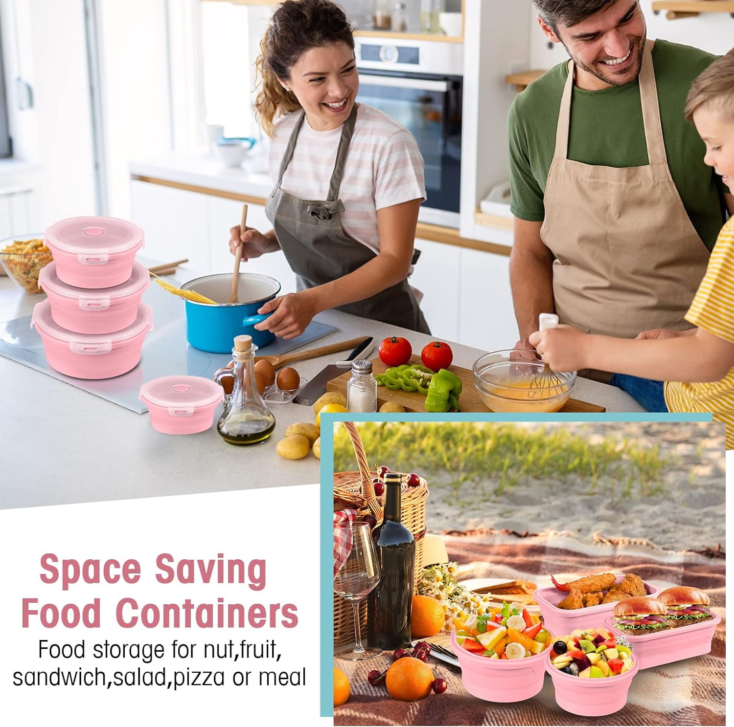 4-Pack Collapsible Bowl - Round Silicone Food Storage Containers with Lids,Portable Lunch Box Bento Box for Travel | Microwave, Dishwasher & Freezer Safe | Essential Camper Organization(Pink)