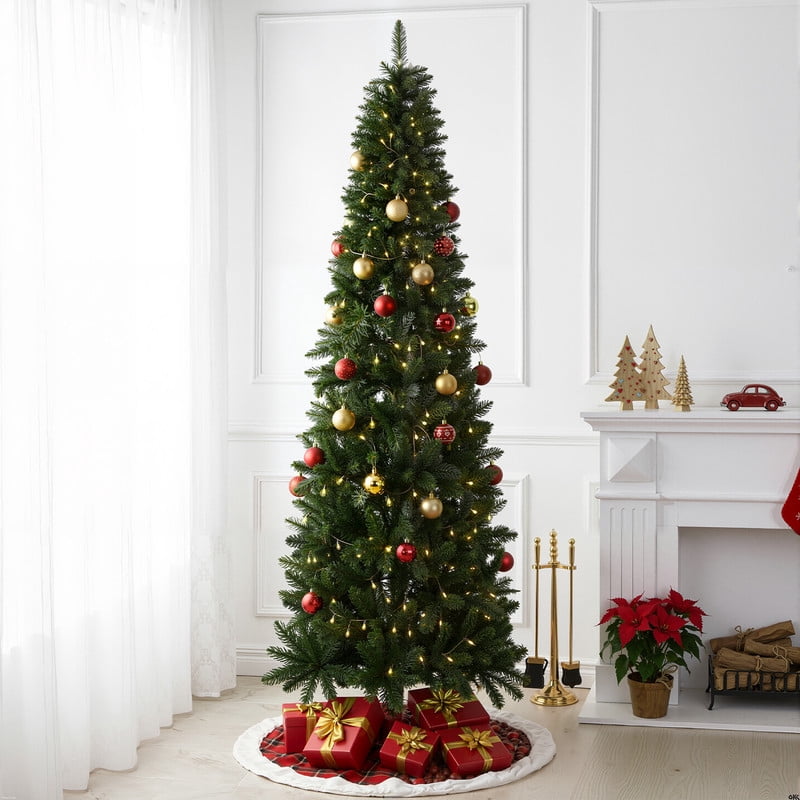 Gianna 9ft Pre-lit Pencil Christmas Tree, Green Artificial Spruce Slim Christmas Trees with 500 Incandescent Lights, 1100 Branch Tips & Foldable Base for Home, Office, Party Decoration