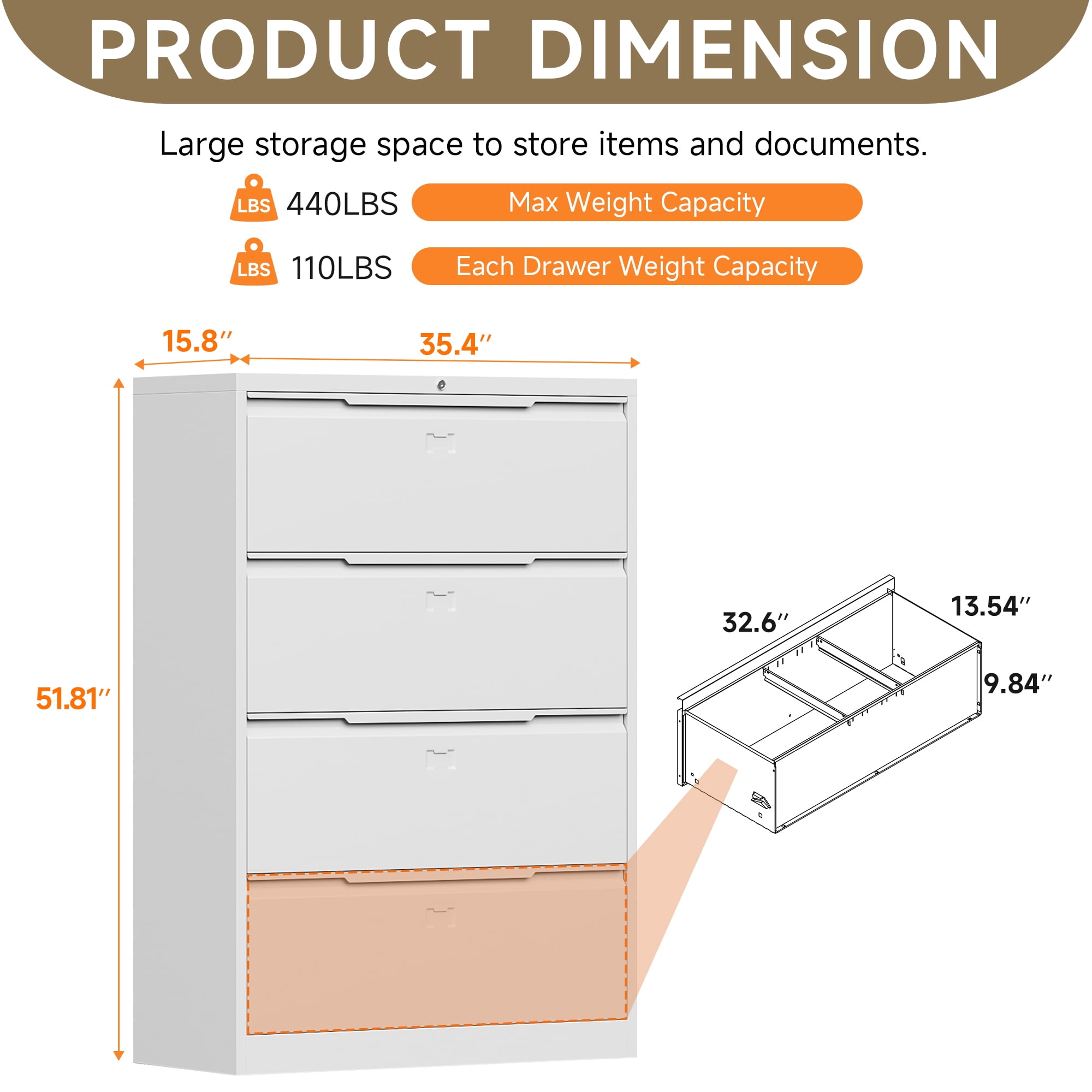 Coolsun Metal Lateral File Cabinet, 4 Drawer File Cabinet with Lock, Wide Filing Cabinet for Home Office, Locking Storage Cabinet for Hanging A4/F4/Letter/Legal, Assembly Required (White, 4 Drawer)