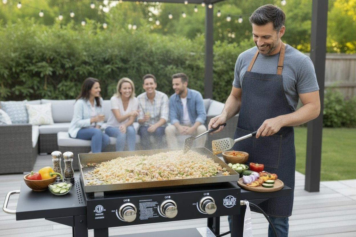 Griller's Choice Propane Gas Griddle with Hinged Hood, Integrated Wind Guards, Front Grease Management, 4 Shelves