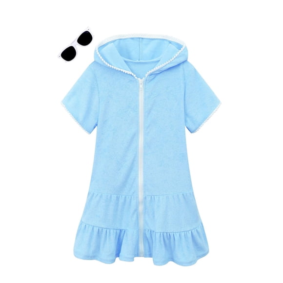 Traje de baño con cubierta LUCKYGAL para niñas grandes, playa, toalla azul, talla 12-13