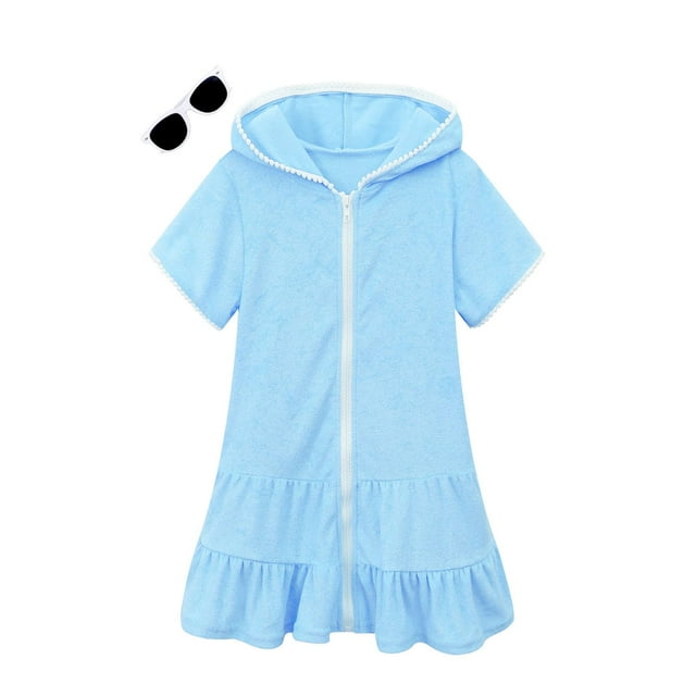 Traje de baño con cubierta LUCKYGAL para niñas grandes, playa, toalla azul, talla 12-13