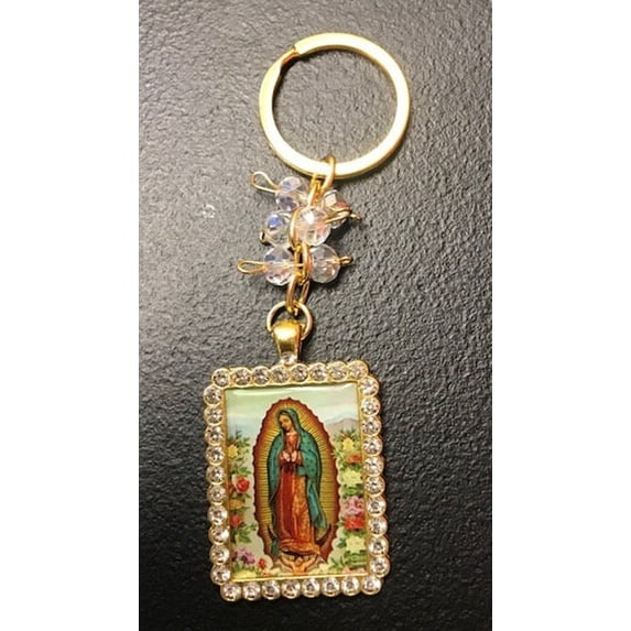 Rhinestone Keychain - Our lady of Guadalupe Baptism Communion (Gold Square)
