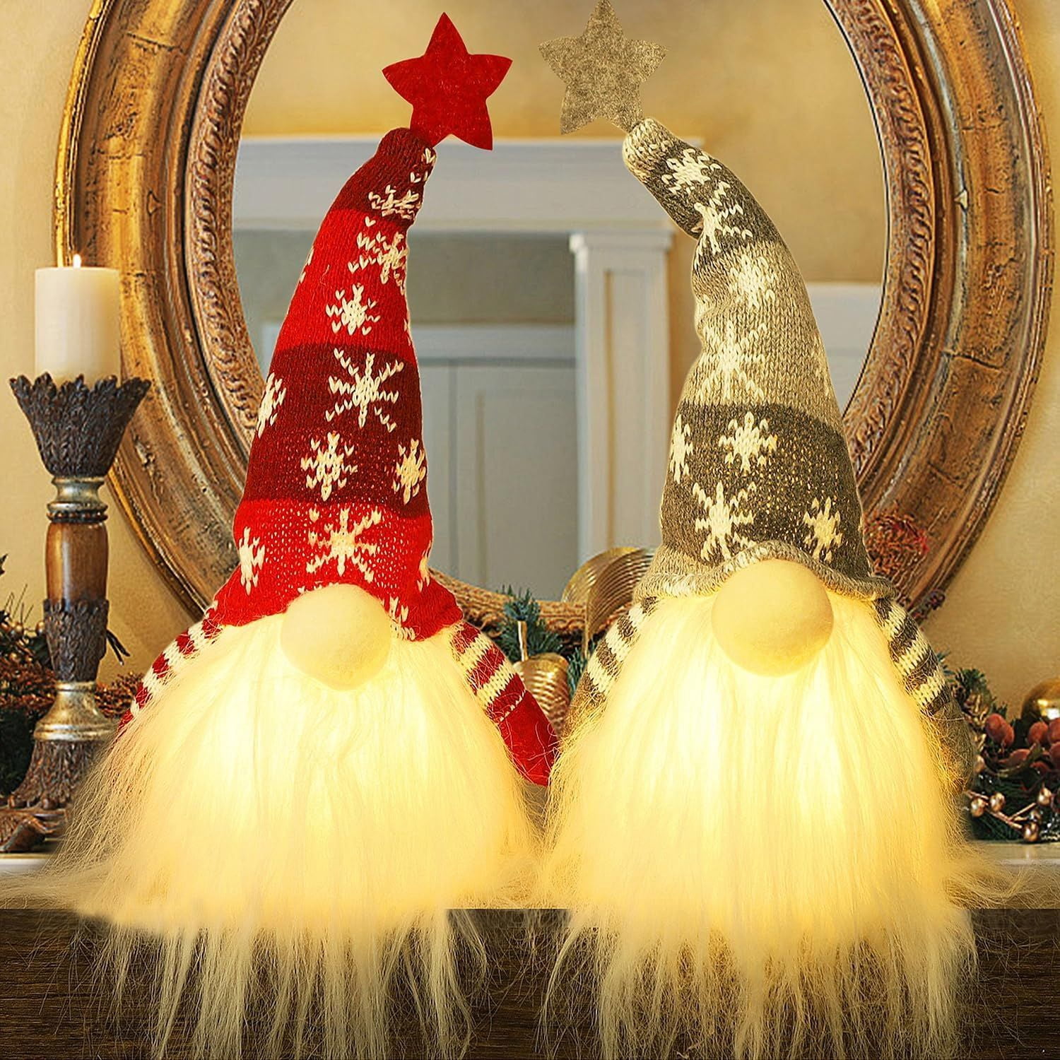 Lighted Christmas Gnome, Handmade Plush Scandinavian Swedish Tomte, Light Up Elf Toy Holiday Present, Battery Operated Winter Tabletop Christmas Decorations, 2 Set