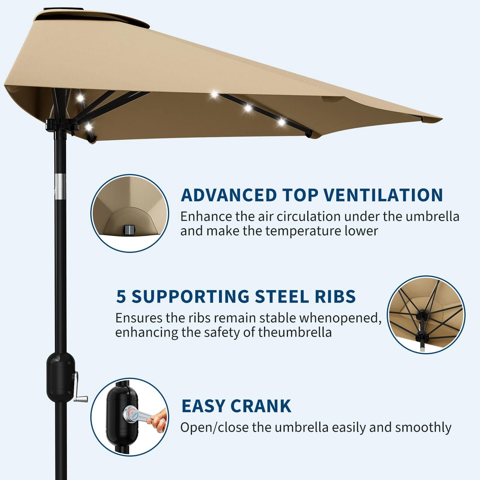Emorefun 9ft Half Umbrella for Patio, Canopy Umbrella with Solar LED Lights and Crank Lift, Tan