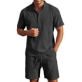 thumbnail image 2 of Short Sets for Men Summer Cotton Linen Relaxed Fit Short Sleeve Stand Collar T Shirt and Shorts 2 Piece Matching Set, 2 of 5