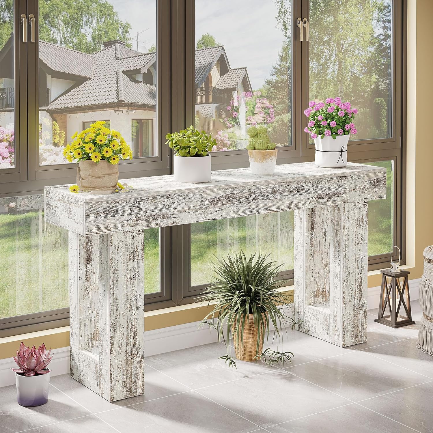 Tribesigns 63-Inch Long Console Table, Farmhouse Entryway Table for Entrance, Hallway, Living Room（Distressed White)